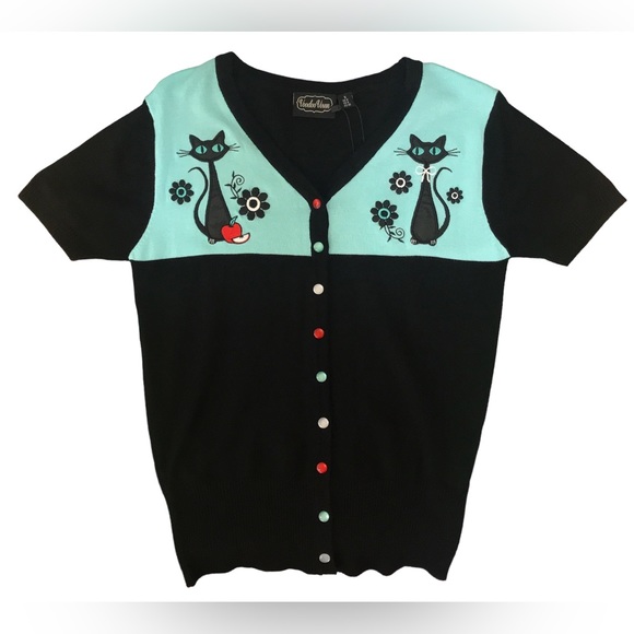 Voodoo Vixen Sweaters - Retro Kitties Cardigan Black And Aqua